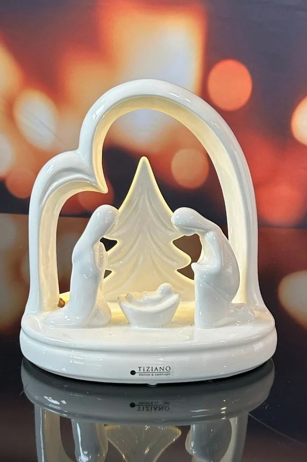 Krippe Santo Natale LED oval Weihnachtskrippe, Schneefigur, Porzellan, Dekoration, Kristallweihnacht