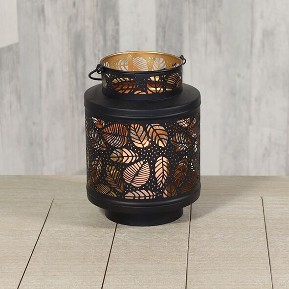 744235_5ggawer Laterne mit Blätterdesign schwarz 22cm