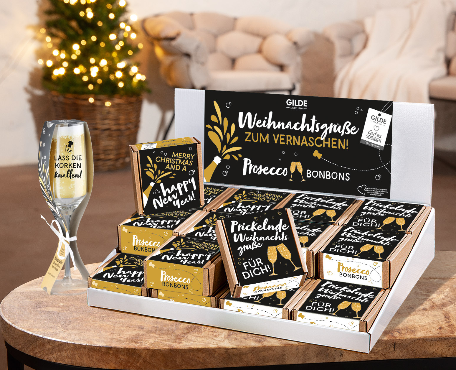 Schokoladenbonbons, Weihnachtsgeschenk, Prosecco Bonbons, Schachtel-Set, Gold-Schwarz-Dekor