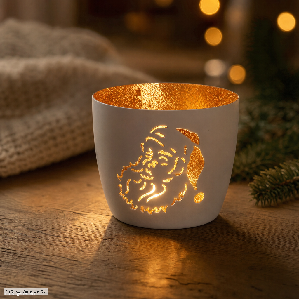 Kerzenhalter, Weihnachtsdeko, Santaclaus-Motiv, Kerze, Gold innen