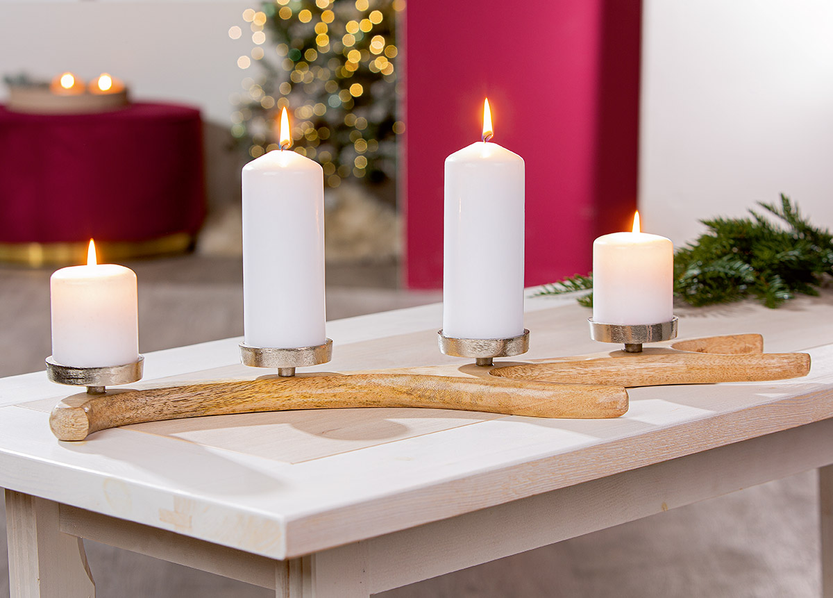 Adventsleuchter Geweih Mangoholz Teelichthalter, Kerzenhalter, Holzstab, Vier Kerzen, Weihnachtsdeko