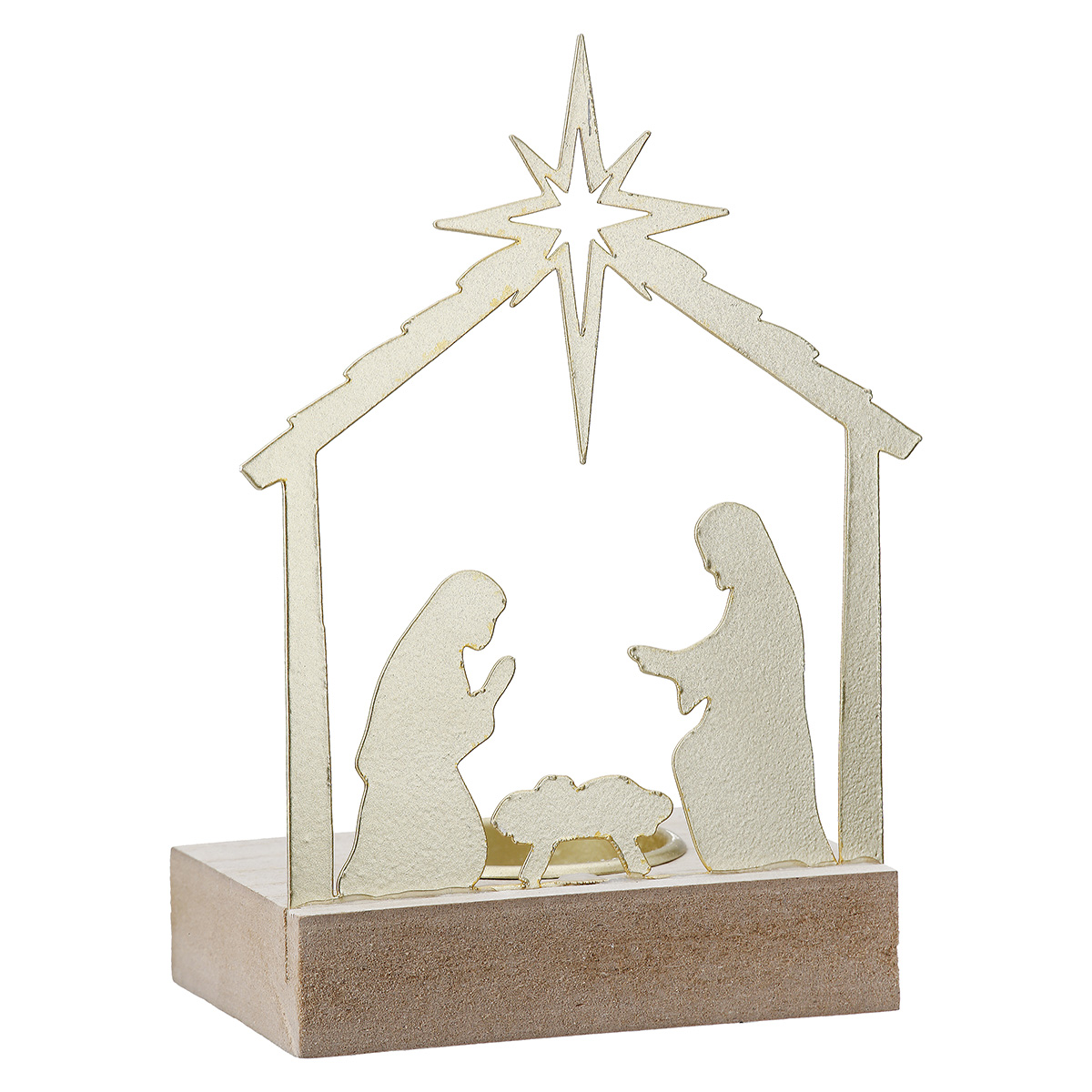 Teelichthalter Krippe gold 9cm Krippenfigur, Weihnachtsdeko, Stern, Holz basis, Silhouetten