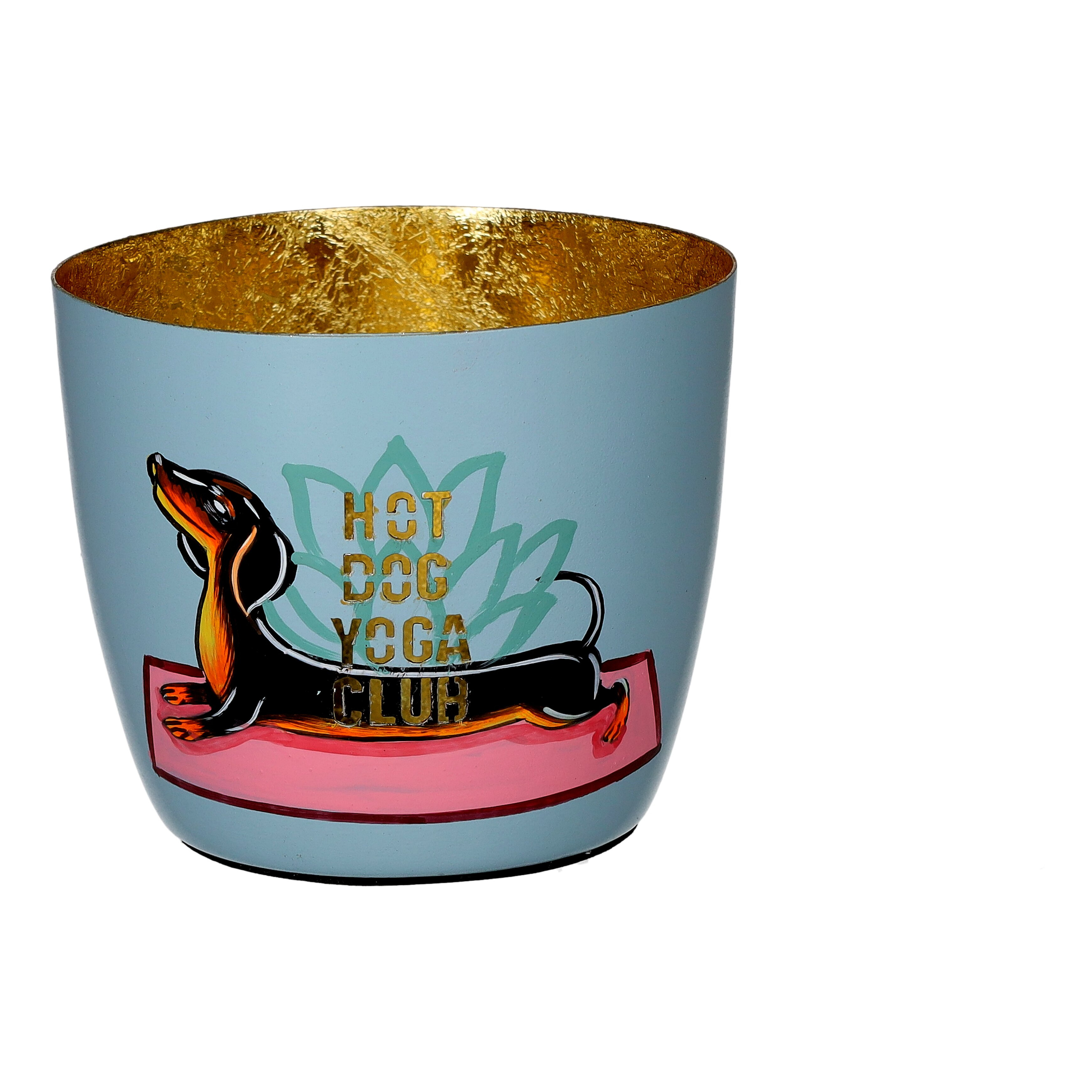 Madras Windlicht M mit Yoga Hund Motiv in Blau/Gold Yoga-Becher, Dekorationstopf, Doge Yoga Club, Keramik-Topf, Goldene Innenseite