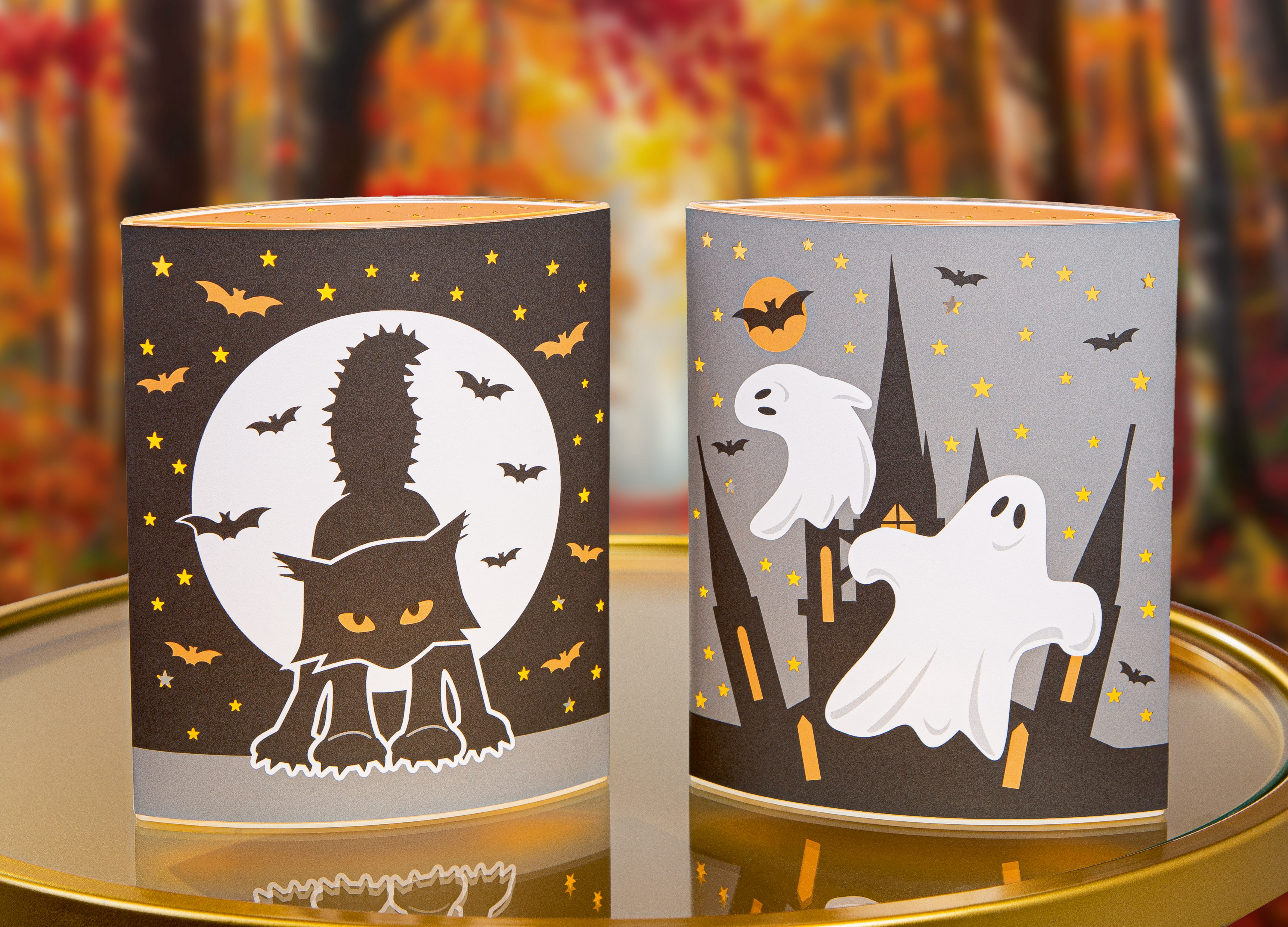 Dekoleuchte Halloween LED Papier Halloween, Halloween Laternen, Katzensilhouette, Geister, Mondnacht