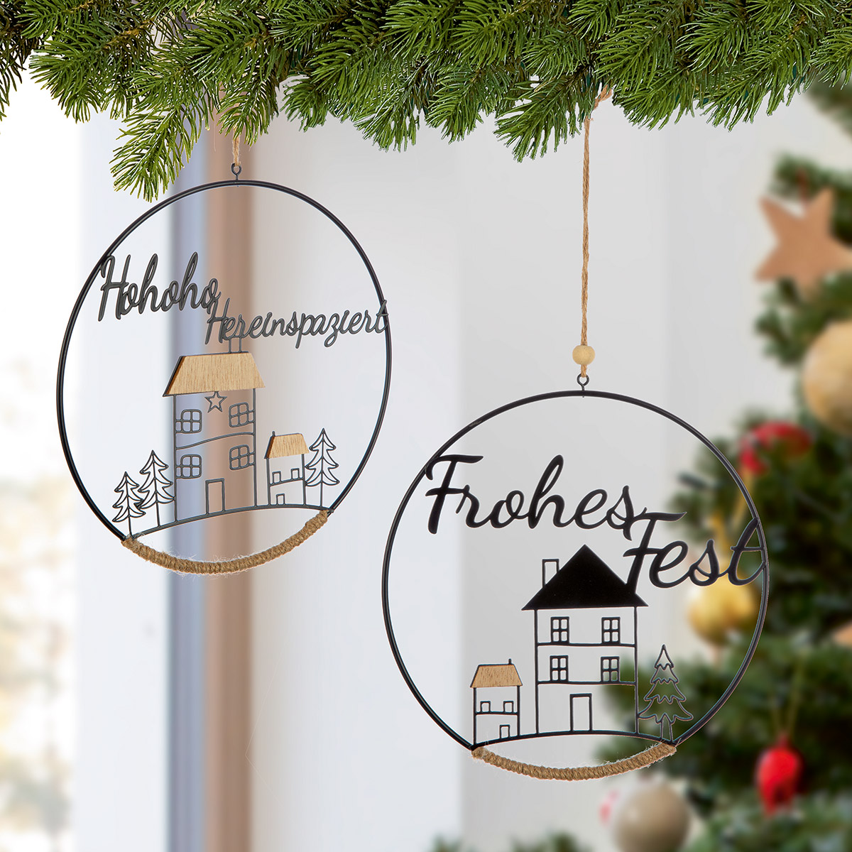Weihnachtsdeko, Hänger aus Metall, Runde Ornament, Hausmotiv, Schriftzug Frohes Fest