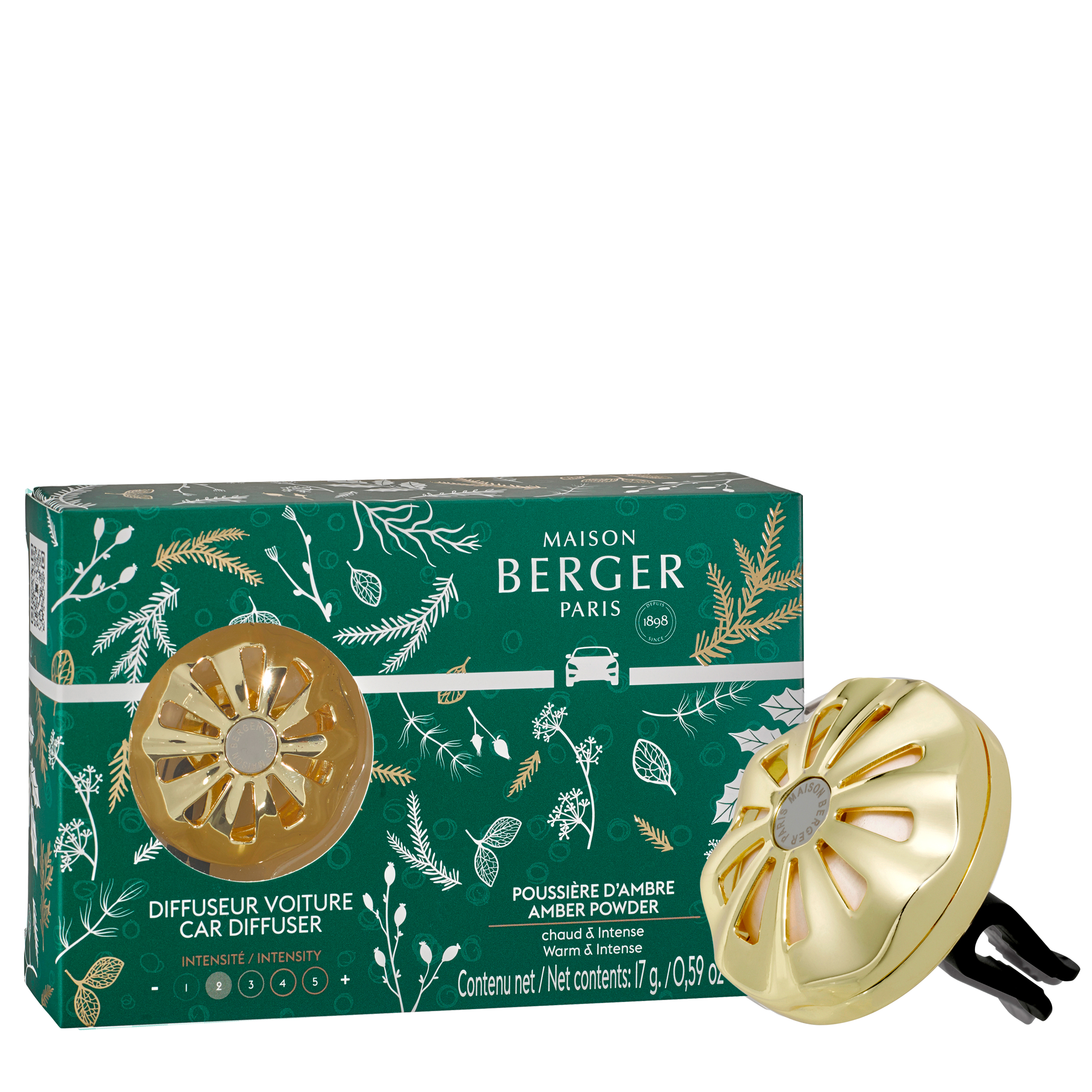 Pudriger Amber - Magical Autoduft Set autodiffuser, Ambra Puder, goldener Diffuser, grüne Verpackung, Maison Berger