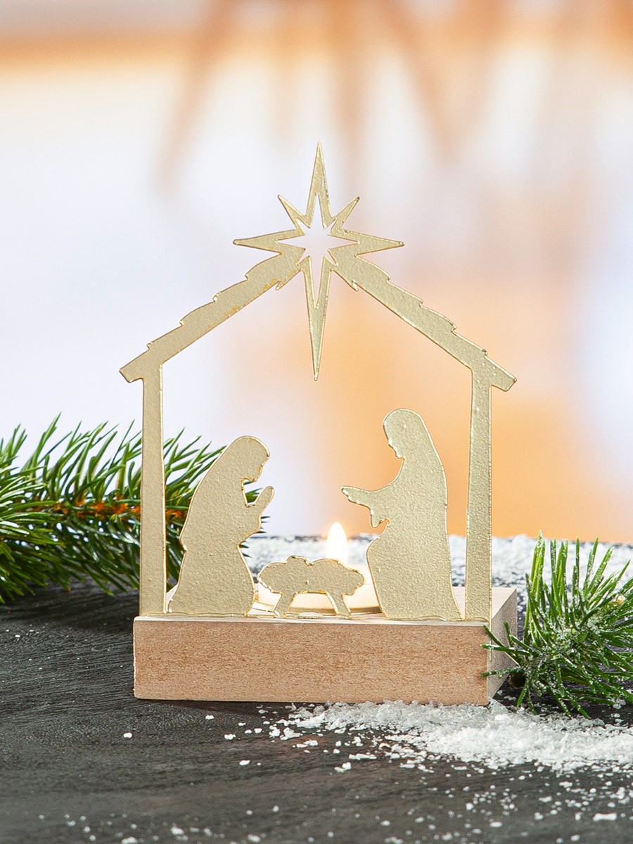 Teelichthalter Krippe gold 9cm Weihnachtsdeko, Krippe, Silberfarbend, Kerzenhalter, Geborgenheit