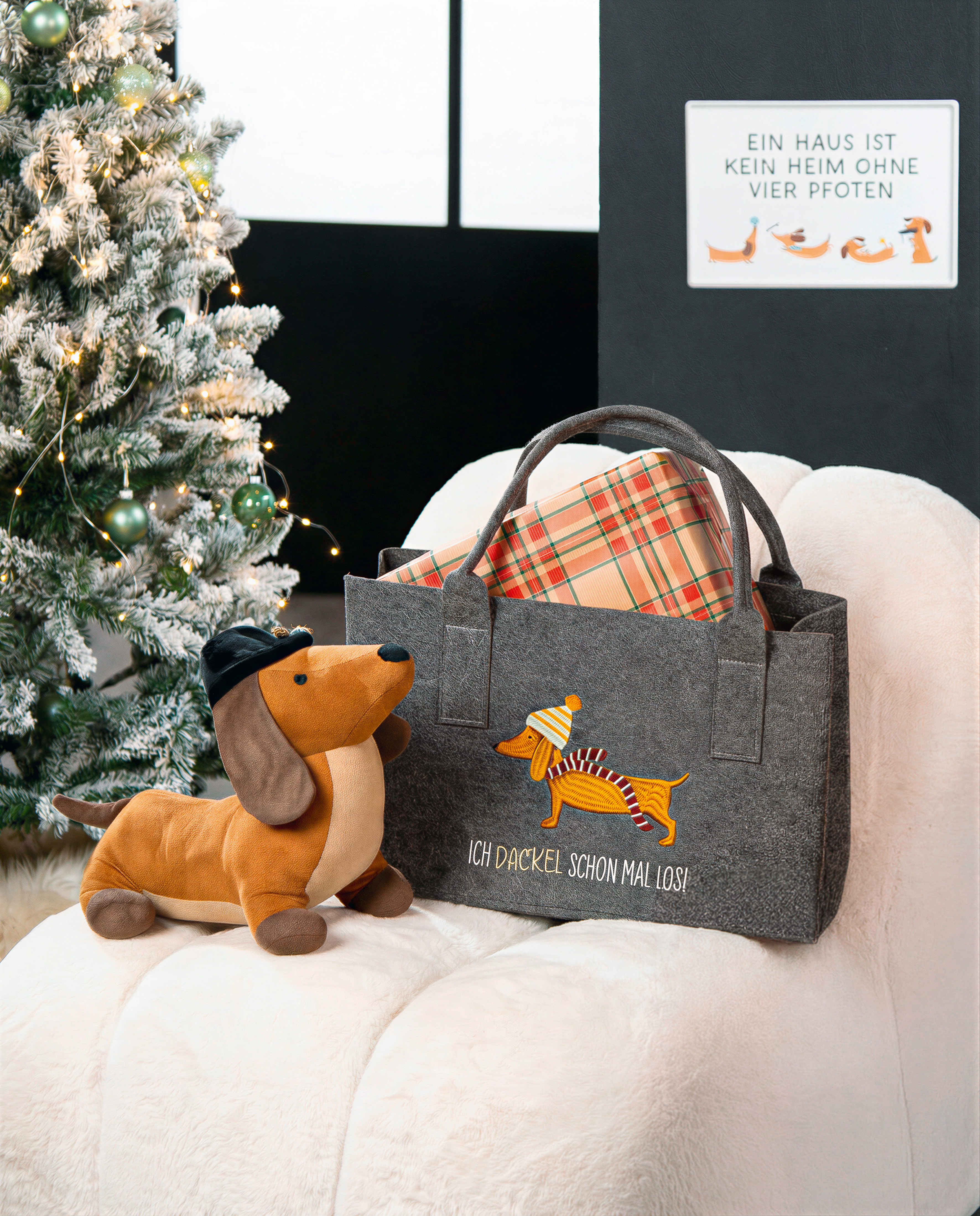 weihnachtsdeko, stofftasche, plüschhund, plüschhunde, tannenzweig