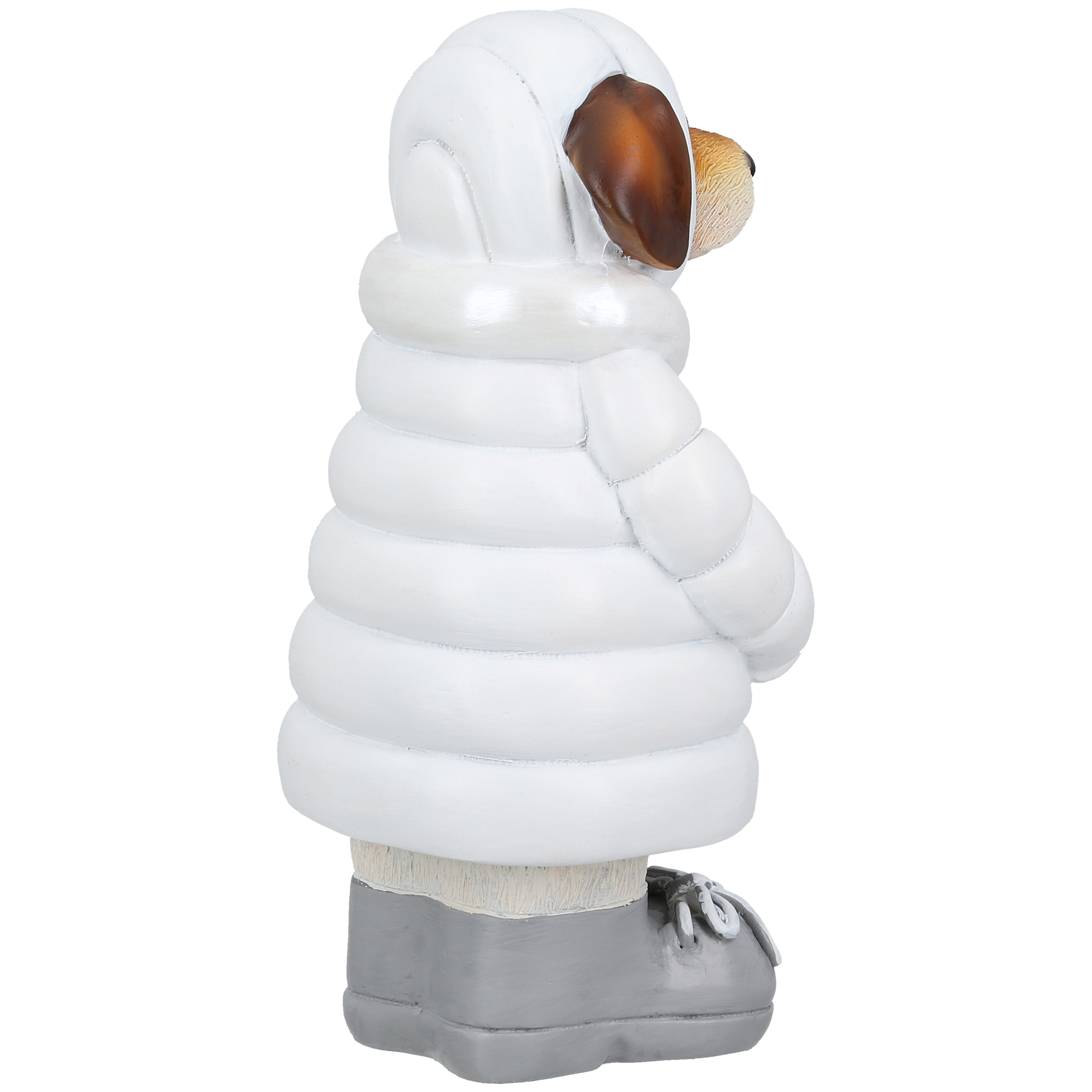 Dekofigur Dackel Coldy Winterjacke, Puffermantel, Weiß, Kapuze, Stiefel