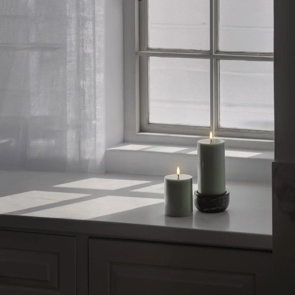 kerzen, tealicht, fensterbank, ölganz, lichtschein