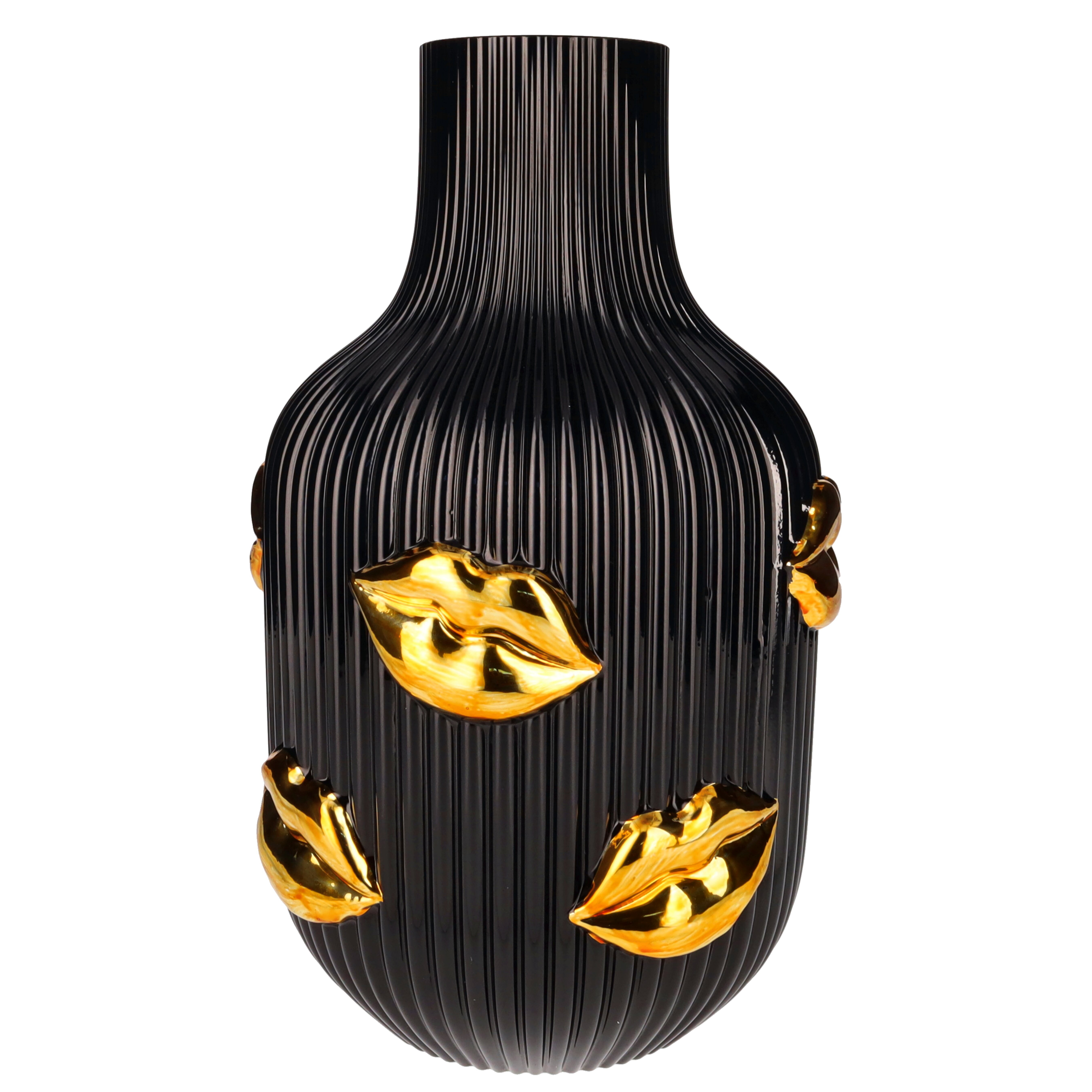 Vase, Schwarz, Rippendes Muster, Goldakzente, Klassische Vase