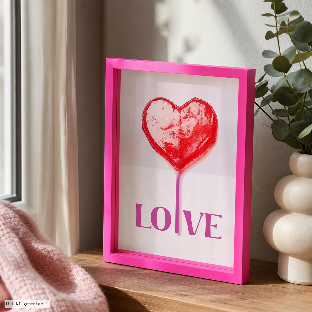 Love Frames Glasbild mit Motiv Love in hot pink 26x35x4cm Herzbild, Rahmen, Kunstdruck, Pink, LOVE