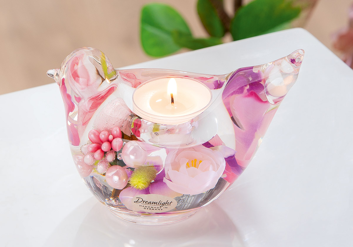 Dreamlight Teelichtleuchter Vogel - Pink Love Teelicht-Glas, Blumen-Topf, Dekor-Objekt, Künstliche Blüten, Kreativ-Glas
