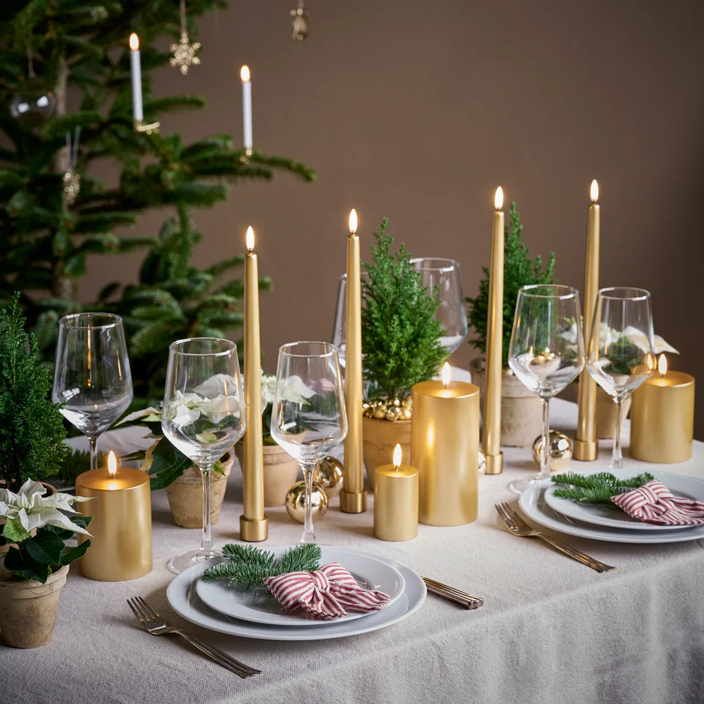 Piffany LED Spitzkerzen mit Goldfinish, 2er-Set, 2,3x32cm weihnachtstisch, kerzen, tischdeko, wein gläser, grüne pfanzen