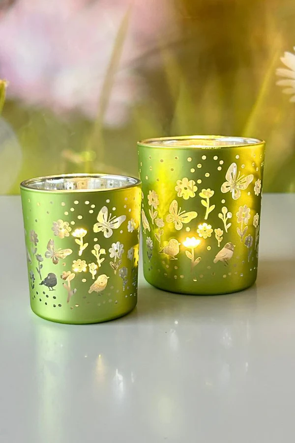 Teelichthalter Polline 8cm grün glas, kerzenhalter, grün, schmetterlingsmuster, metallischer seidenfinish