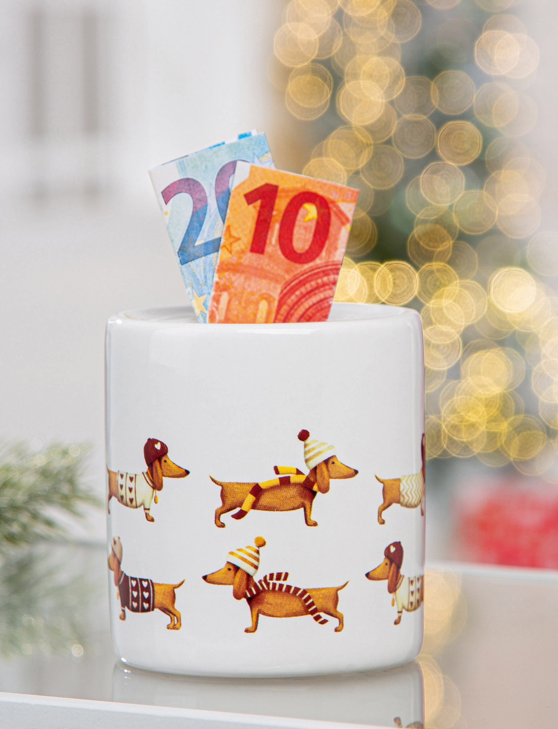 Spardose Frieda Tischdeko, Geldscheine, Weihnachtsdeko, Hunde, Süßigkeiten-Dispense