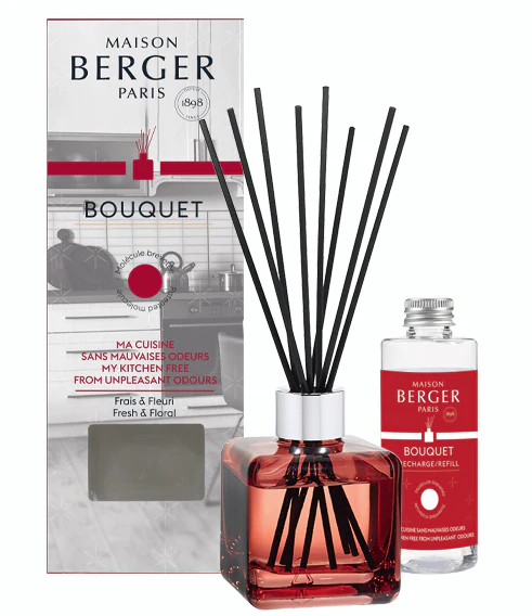 bouquet, reed diffuser, fragrance, glass bottle, red liquid