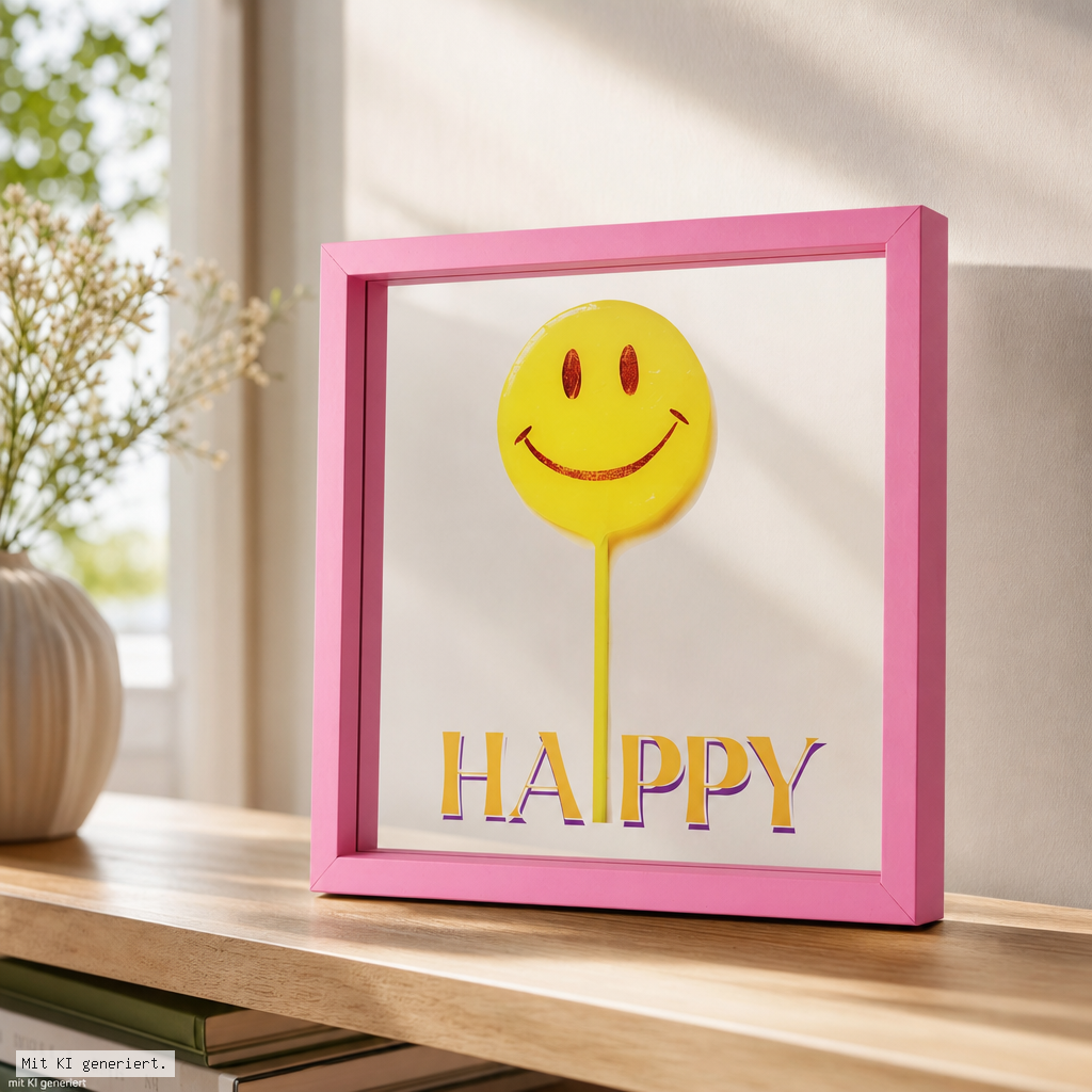 Love Frames Glasbild Motiv Happy rosa 30x30x4cm Rahmen, Print, Smiley, Rosa, Glück