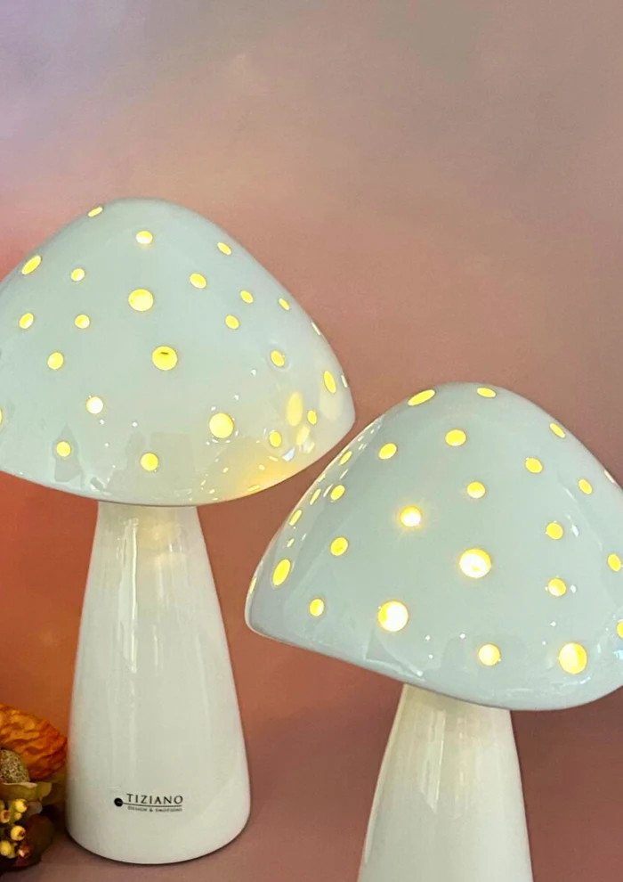 LED Pilz Niara 20cm cremeweiß pilz lampe, glow-in-the-dark?, blau perlmutt, gestanzte löcher, weiße basis