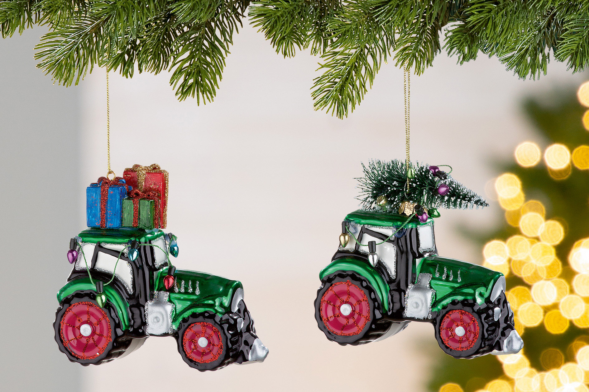 Baumschmuck Traktor mit Weihnachtsbaum Glas Pflanze, Baum, Maschine, Rad