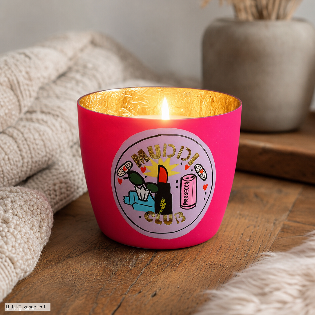 Madras Windlicht M mit Motiv Muddi Club in hot pink/gold Kerze, Teelicht, Pink, Becher-Form, Motiv-Design