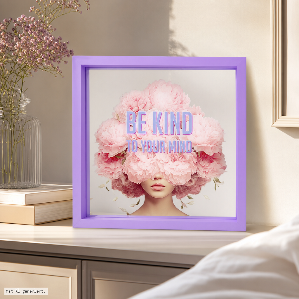 Love Frames Glasbild Be kind to your mind lila 30x30x4cm Bild, Dekoration, Blumen, Rahmen, Spruch