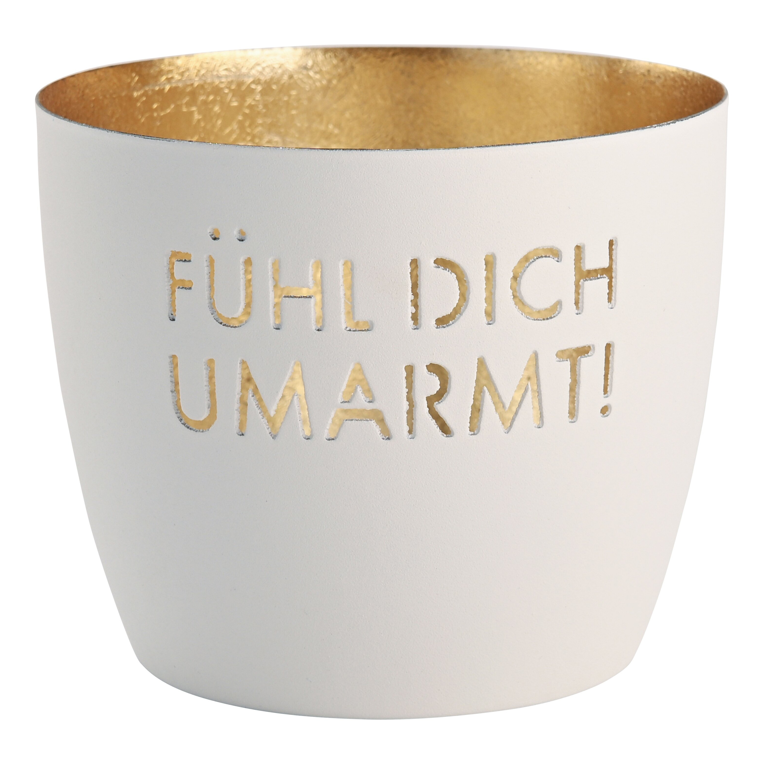 Madras Windlicht M mit Motiv Fühl dich umarmt! in Weiß/Gold Tasse, Teelichthalter, Keramik, Weiß, Goldinnenseite